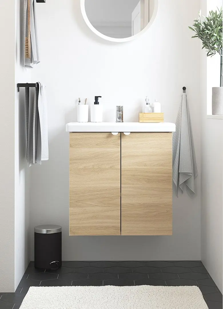 Набор тумбы с раковиной Ikea Enhet/Tvallen с дверцами 64x43x65 (Белый/Имитация Дуба)