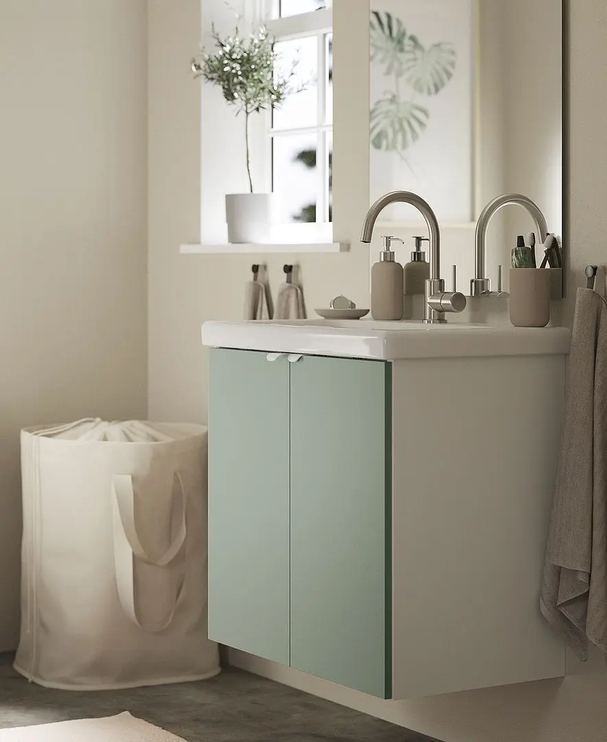 Набор тумбы с раковиной Ikea Enhet/Tvallen с дверцами 64x43x65 (Белый/Светло-Серо-Зеленый)