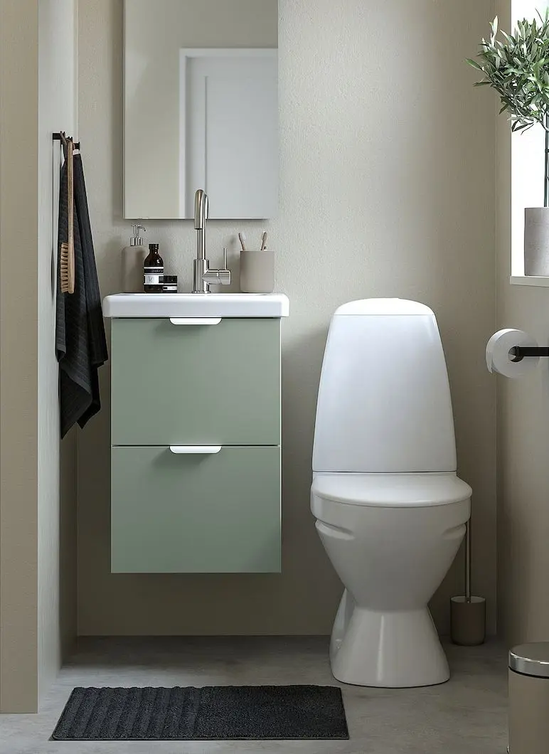 Set tumba cu lavoar Ikea Enhet/Tvallen cu sertare 44x43x65 (Alb/Gri-Verde Deschis)