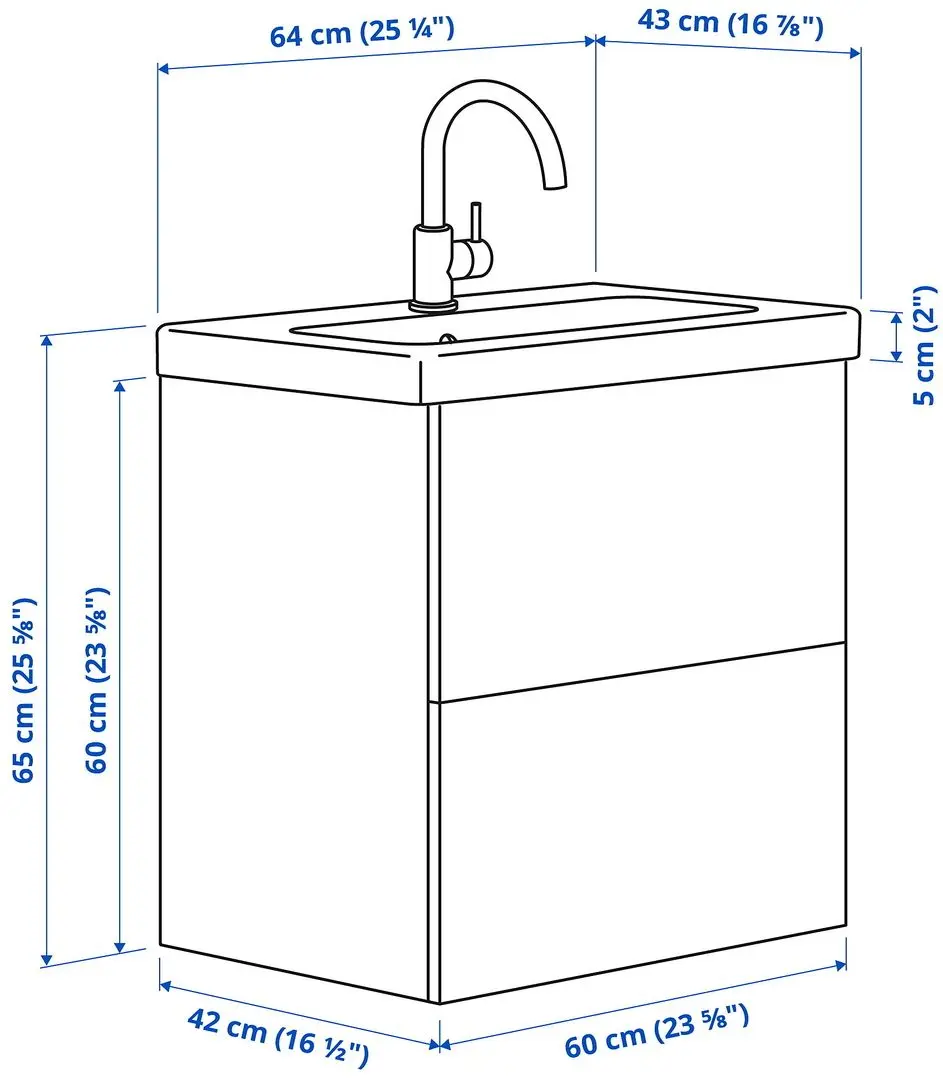 Набор тумбы с раковиной Ikea Enhet/Tvallen с ящиками 64x43x65 (Белый/Имитация Дуба) - 10