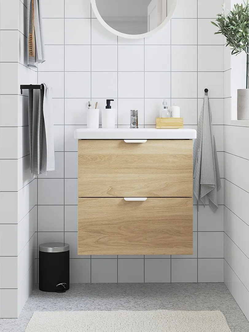 Набор тумбы с раковиной Ikea Enhet/Tvallen с ящиками 64x43x65 (Белый/Имитация Дуба)