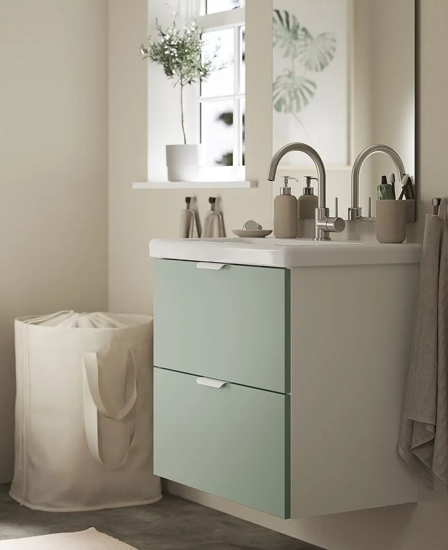 Set tumba cu lavoar Ikea Enhet/Tvallen cu sertare 64x43x65 (Alb/Gri-Verde Deschis)