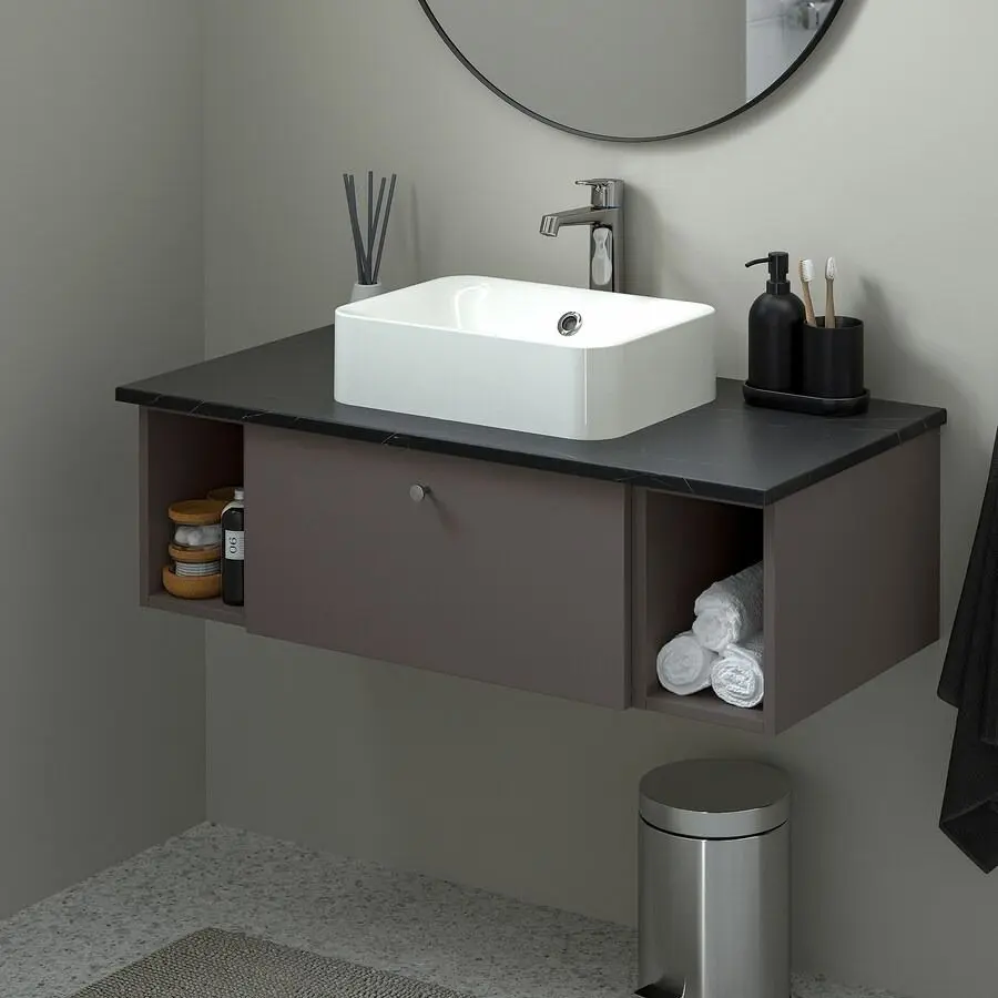 Набор тумбы с раковиной Ikea Godmorgon/Tolken/Horvik раковина 45/смеситель 102x49x43 (Гилльбурен Темно-серый/Имитация Черного Мрамора/Брогрунд) - 2