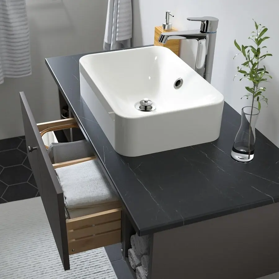 Набор тумбы с раковиной Ikea Godmorgon/Tolken/Horvik раковина 45/смеситель 102x49x43 (Гилльбурен Темно-серый/Имитация Черного Мрамора/Брогрунд) - 3