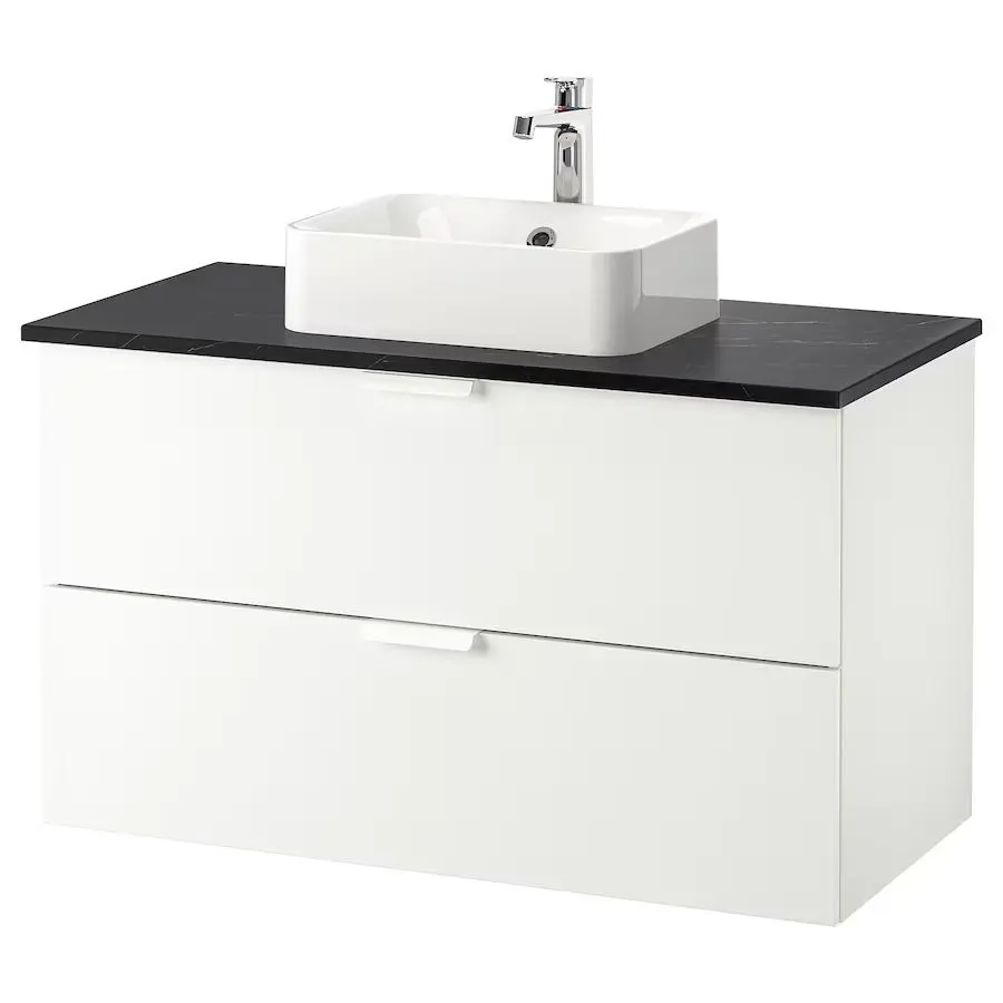 Набор тумбы с раковиной Ikea Godmorgon/Tolken/Horvik раковина 45x45/смеситель 102x49x72 (Белый/Под Черный Мрамор/Брогрунд)