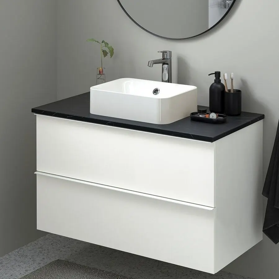 Набор тумбы с раковиной Ikea Godmorgon/Tolken/Horvik раковина/смеситель 102x49x72 (Белый Глянцевый/Под Черный Мрамор) - 2