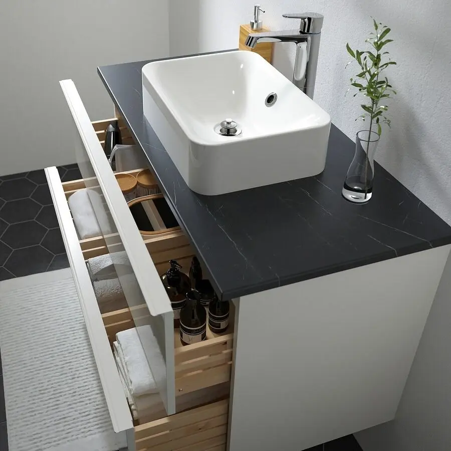 Набор тумбы с раковиной Ikea Godmorgon/Tolken/Horvik раковина/смеситель 102x49x72 (Белый Глянцевый/Под Черный Мрамор) - 3