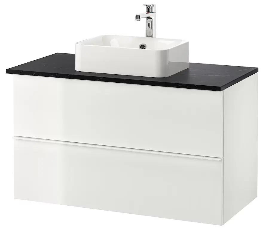 Набор тумбы с раковиной Ikea Godmorgon/Tolken/Horvik раковина/смеситель 102x49x72 (Белый Глянцевый/Под Черный Мрамор)