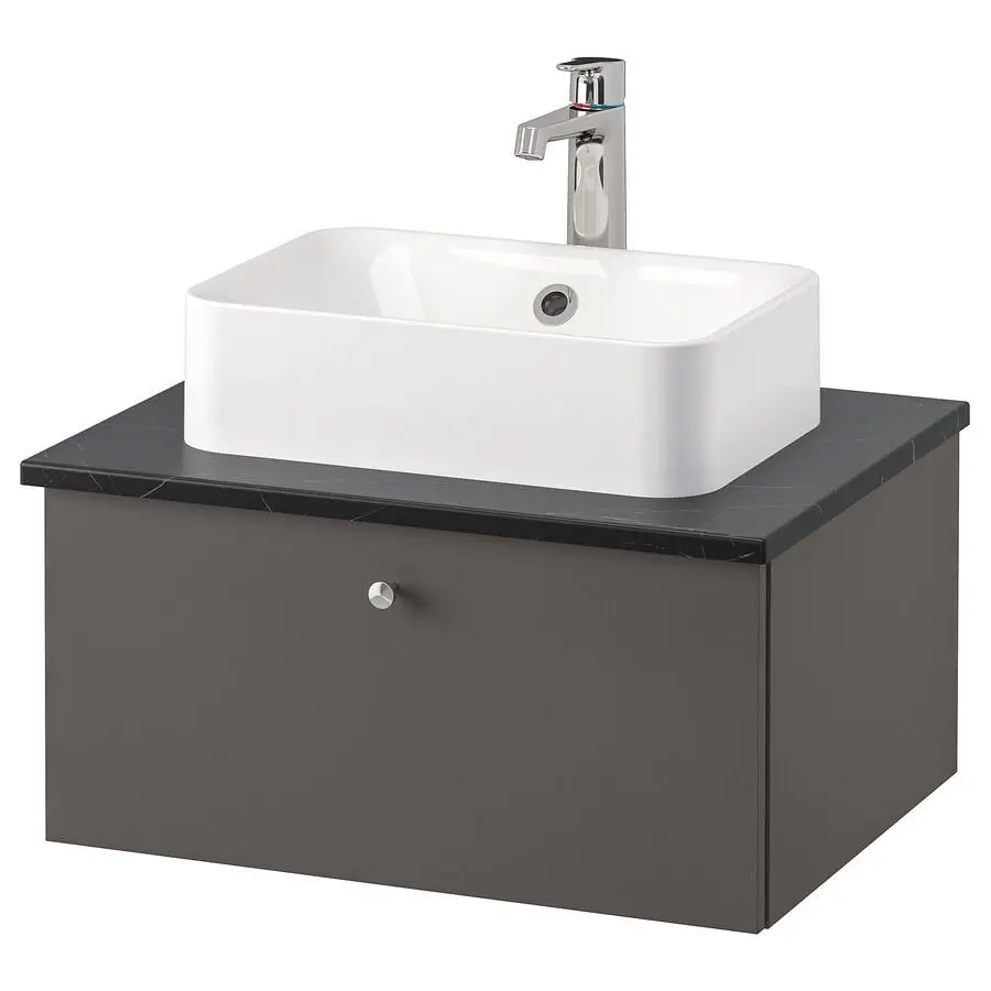 Набор тумбы с раковиной Ikea Godmorgon/Tolken/Horvik раковина/смеситель 62x49x43 (Гилльбурен Темно-серый/Имитация Черного Мрамора/Брогрунд)