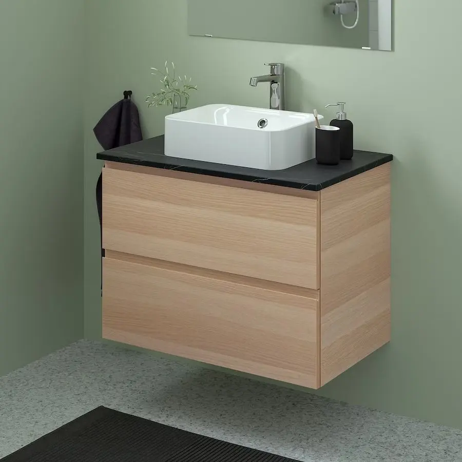 Набор тумбы с раковиной Ikea Godmorgon/Tolken/Horvik раковина/смеситель 82x49x72 (Под Беленый Дуб/Имитация Черного Мрамора/Брогрунд) - 2