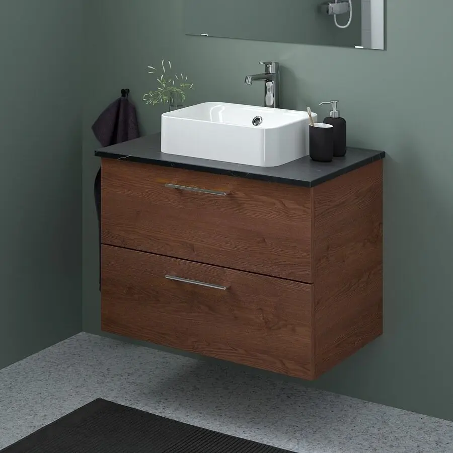 Набор тумбы с раковиной Ikea Godmorgon/Tolken/Horvik раковина/смеситель 82x49x72 (Под Коричневый Мореный Ясень/Имитация Черного Мрамора/Брогрунд) - 2