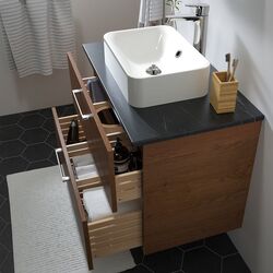 Набор тумбы с раковиной Ikea Godmorgon/Tolken/Horvik раковина/смеситель 82x49x72 (Под Коричневый Мореный Ясень/Имитация Черного Мрамора/Брогрунд) Thumb