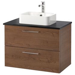 Набор тумбы с раковиной Ikea Godmorgon/Tolken/Horvik раковина/смеситель 82x49x72 (Под Коричневый Мореный Ясень/Имитация Черного Мрамора/Брогрунд)