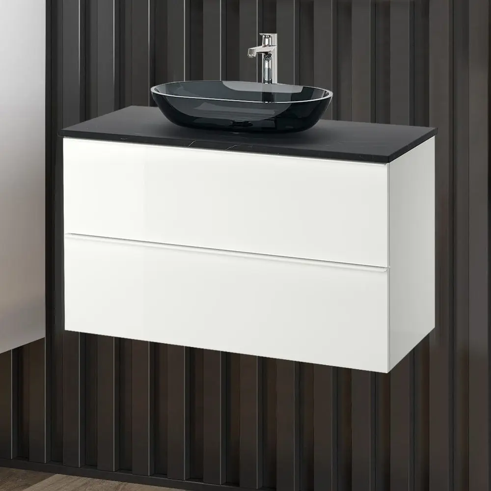 Набор тумбы с раковиной Ikea Godmorgon/Tolken/Oxmyren 102x49x72 (Белый Глянцевый/Имитация Черного Мрамора)