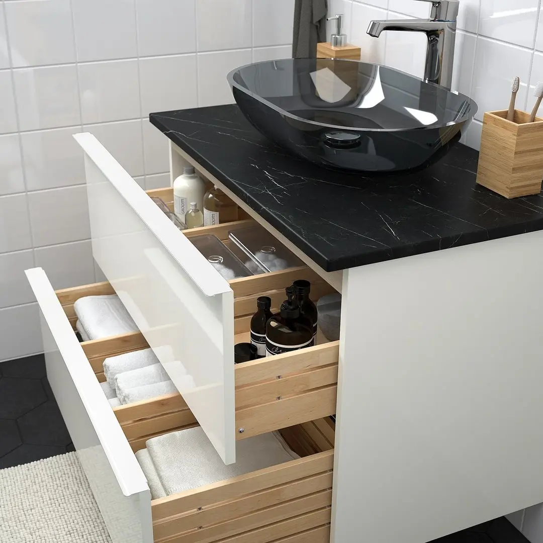 Набор тумбы с раковиной Ikea Godmorgon/Tolken/Oxmyren 82x49x72 (Белый Глянцевый/Имитация Черного Мрамора) - 2