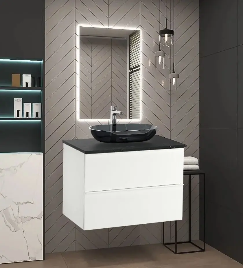 Набор тумбы с раковиной Ikea Godmorgon/Tolken/Oxmyren 82x49x72 (Белый Глянцевый/Имитация Черного Мрамора)