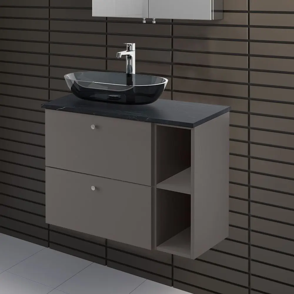 Набор тумбы с раковиной Ikea Godmorgon/Tolken/Oxmyren 82x49x72 (Гилбурен Темно-серый/Имитация Черного Мрамора)