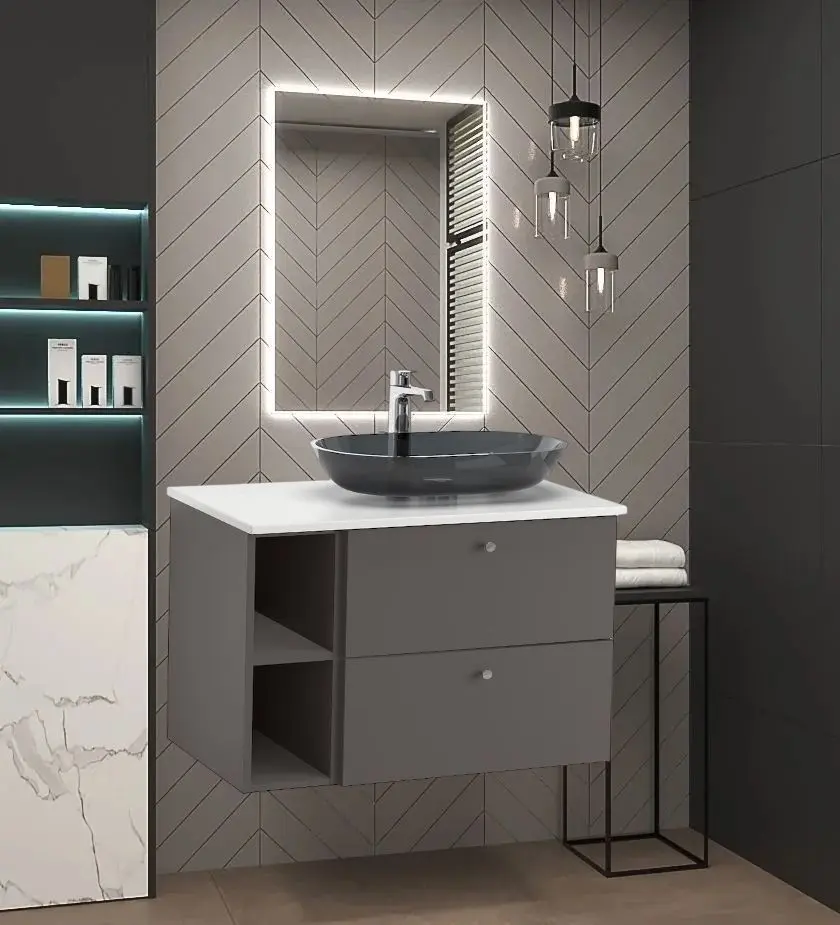 Набор тумбы с раковиной Ikea Godmorgon/Tolken/Oxmyren 82x49x72 (Гилбурен Темно-серый/Под Мрамор)