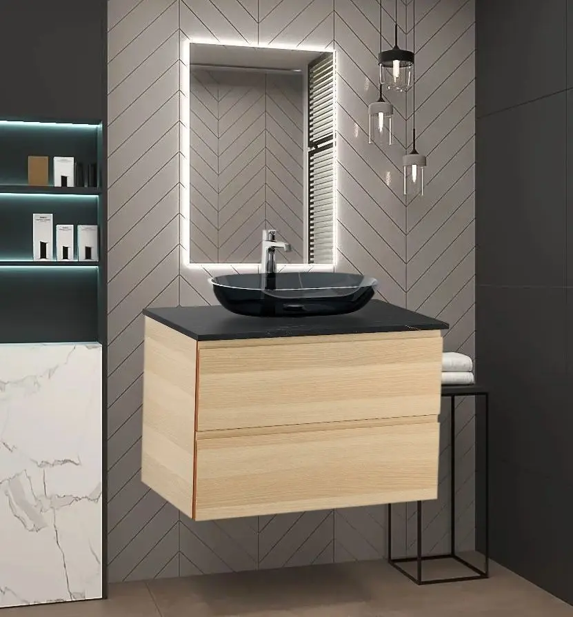 Набор тумбы с раковиной Ikea Godmorgon/Tolken/Oxmyren 82x49x72 (Под Беленый Дуб/Имитация Черного Мрамора)