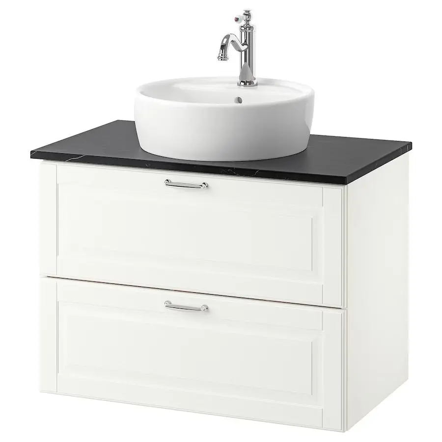 Набор тумбы с раковиной Ikea Godmorgon/Tolken/Tornviken раковина 45cm/смеситель 82x49x74 (Кащен Белый/Имитация Черного Мрамора/Хамнскар)