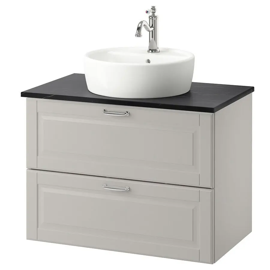 Набор тумбы с раковиной Ikea Godmorgon/Tolken/Tornviken раковина 45cm/смеситель 82x49x74 (Кащен Серый/Имитация Черного Мрамора/Хамнскар)