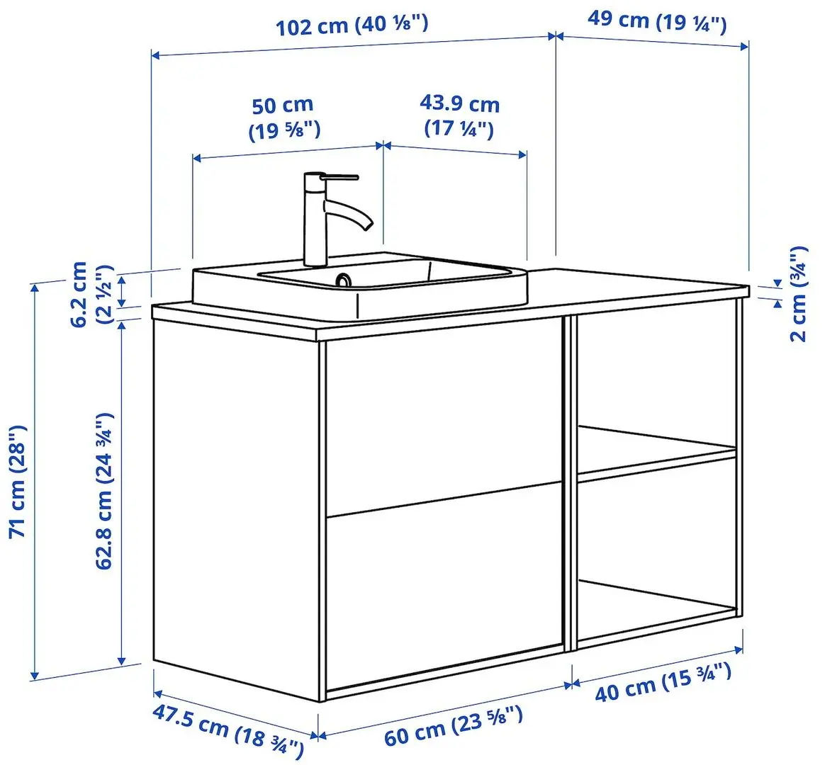 Набор тумбы с раковиной Ikea Havback/Hagaan/Dalskar с ящиками/полками 102x49x71 (Темно-серый/Под Дуб/Имитация Белого Мрамора) - 2