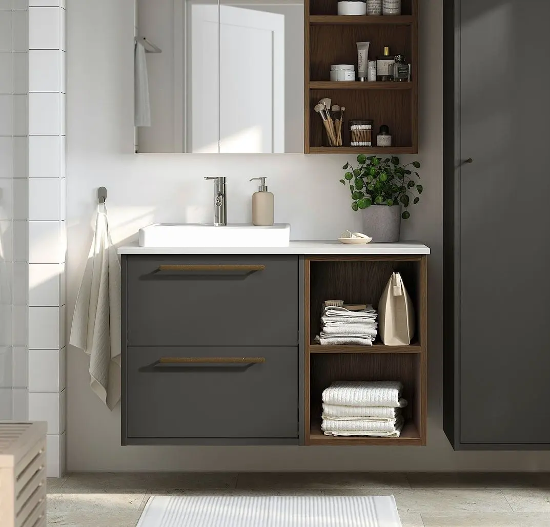 Набор тумбы с раковиной Ikea Havback/Hagaan/Dalskar с ящиками/полками 102x49x71 (Темно-серый/Под Дуб/Имитация Белого Мрамора)