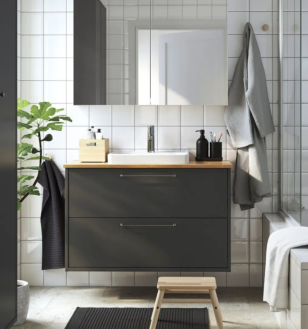 Набор тумбы с раковиной Ikea Havback/Orrsjon/Dalskar с ящиками 102x49x71 (Темно-серый/Бамбук)