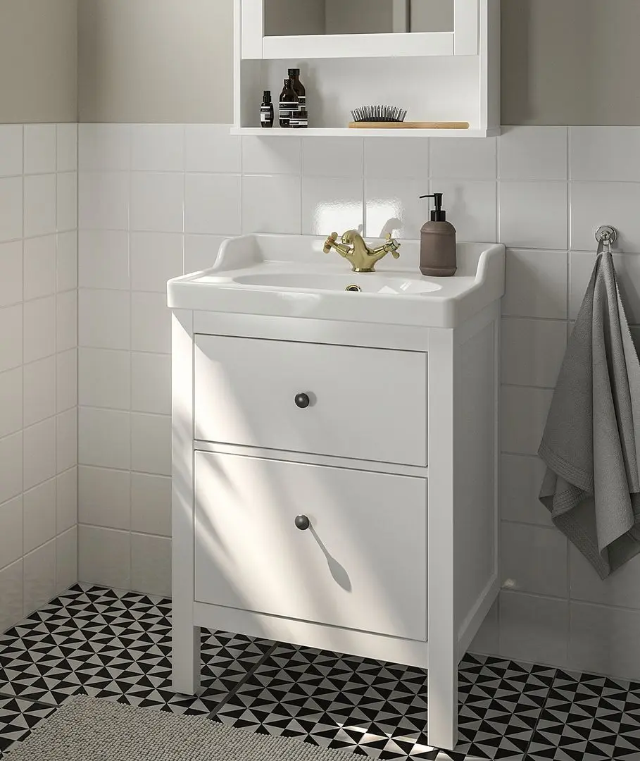 Набор тумбы с раковиной Ikea Hemnes/Rutsjon с ящиками 62x49x95 (Белый/Латунь)