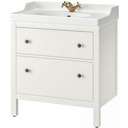 Набор тумбы с раковиной Ikea Hemnes/Rutsjon с ящиками 82x49x95 (Белый/Латунь) Thumb