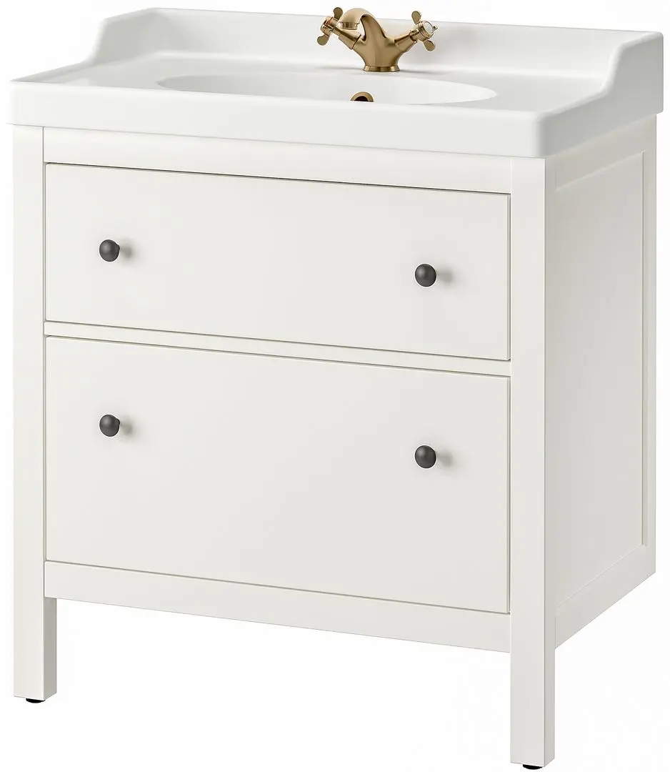 Набор тумбы с раковиной Ikea Hemnes/Rutsjon с ящиками 82x49x95 (Белый/Латунь) - 2