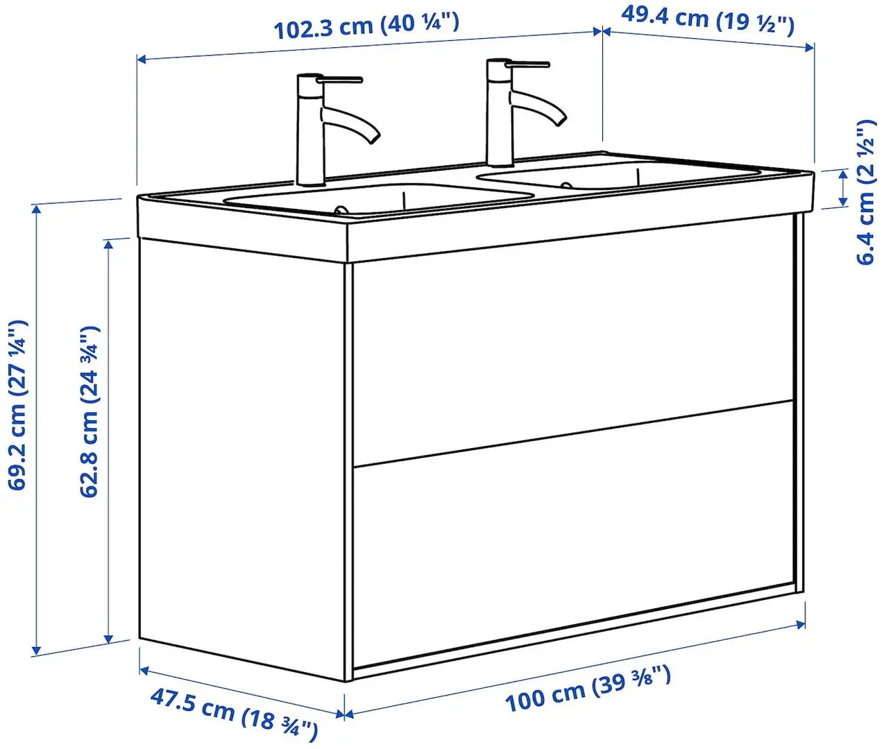 Набор тумбы с раковиной Ikea Tannforsen/Orrsjon ящики/2 смесителя 102x49x69 (Белый) - 10