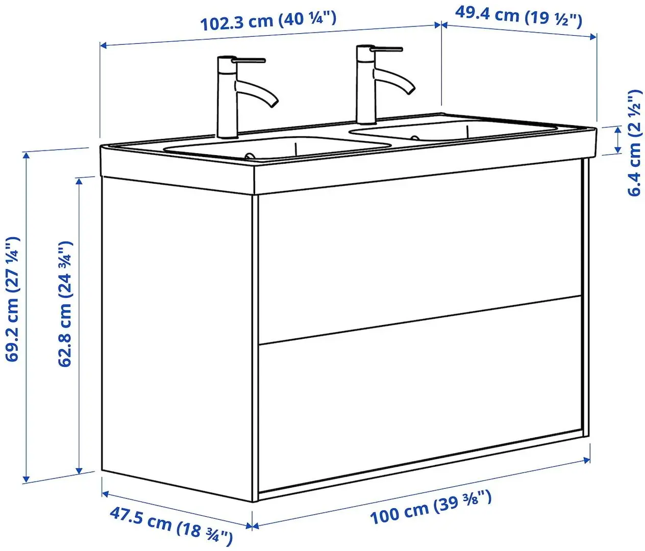 Набор тумбы с раковиной Ikea Tannforsen/Orrsjon ящики/2 смесителя 102x49x69 (Серый) - 10