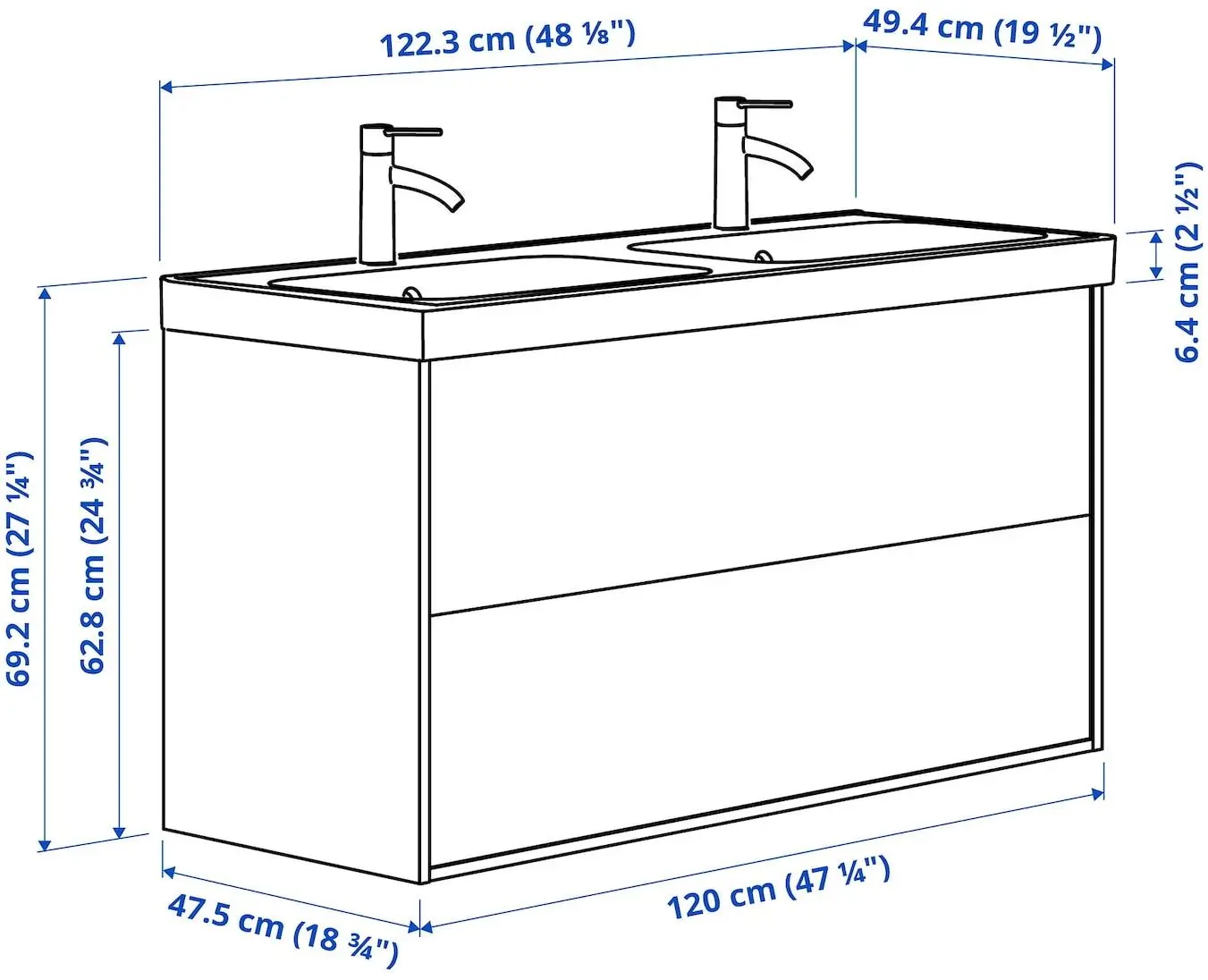 Набор тумбы с раковиной Ikea Tannforsen/Orrsjon ящики/2 смесителя 122x49x69 (Серый) - 10