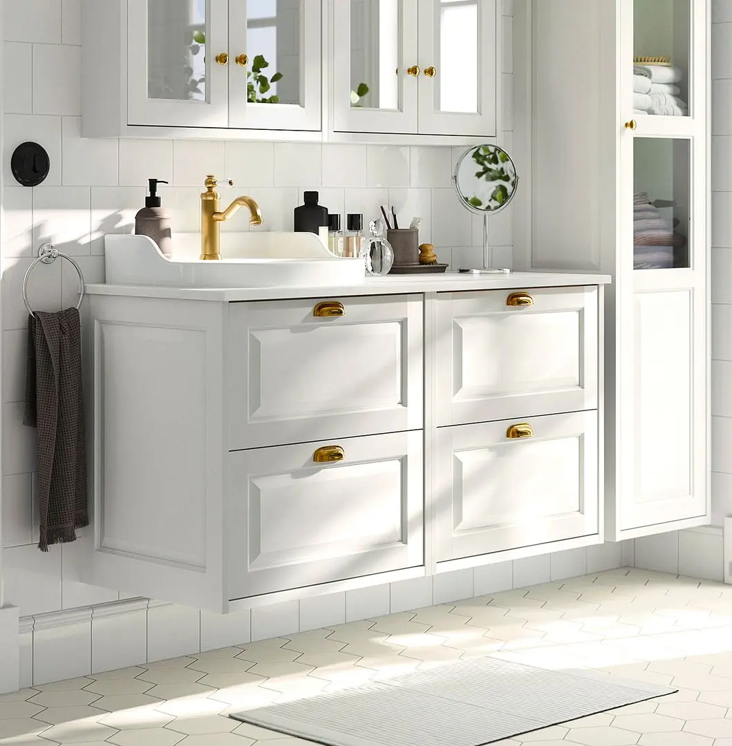 Набор тумбы с раковиной Ikea Tannforsen/Rutsjon 122x49x76 (Белый/Имитация Белого Мрамора)