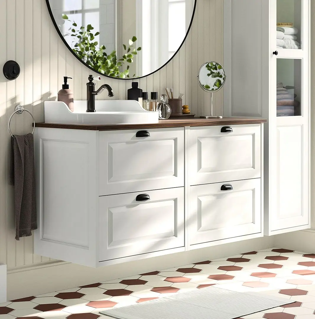 Набор тумбы с раковиной Ikea Tannforsen/Rutsjon 122x49x76 (Белый/Имитация Ореха)