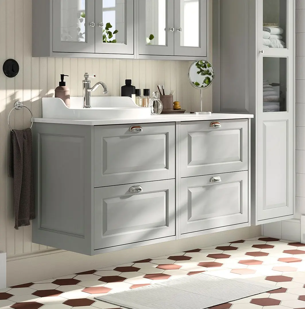 Набор тумбы с раковиной Ikea Tannforsen/Rutsjon 122x49x76 (Серый/Имитация Белого Мрамора)