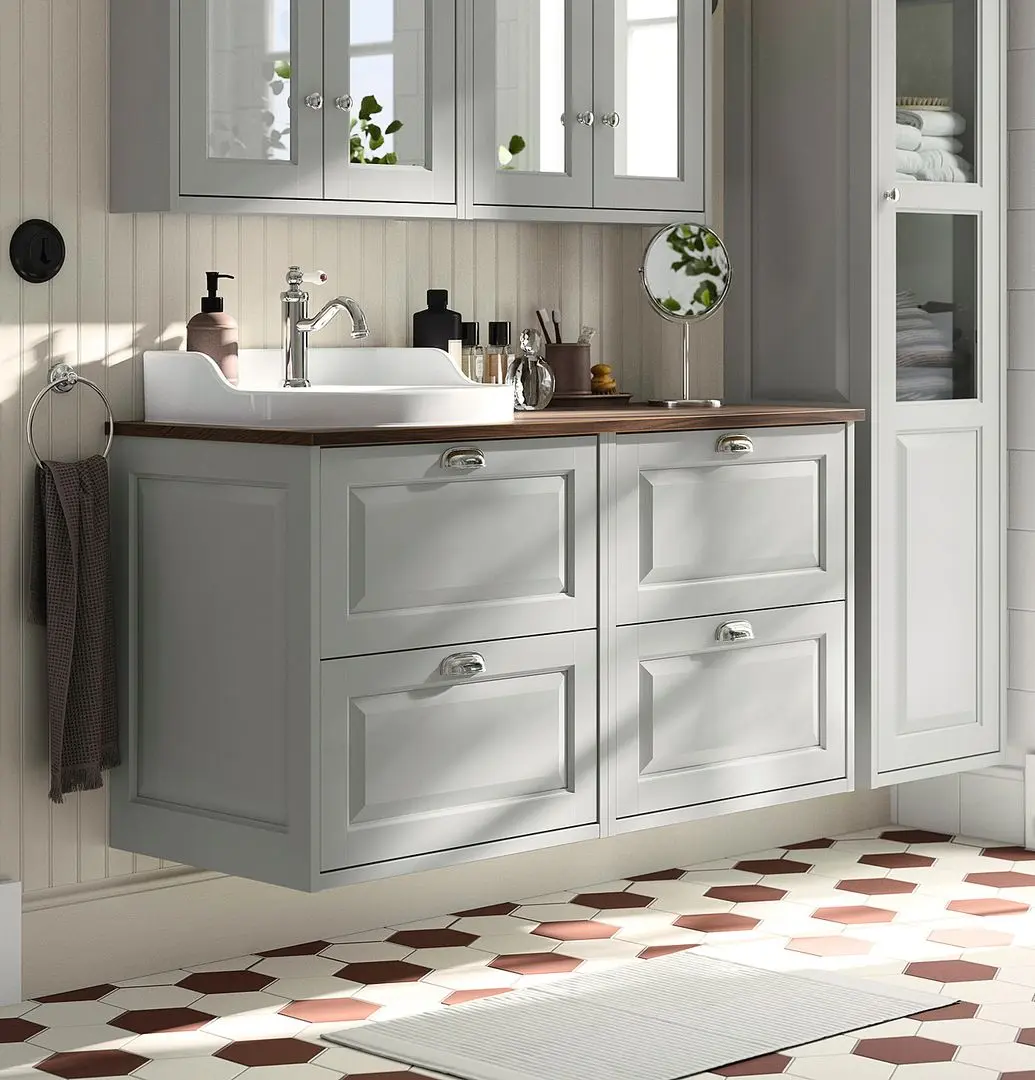 Набор тумбы с раковиной Ikea Tannforsen/Rutsjon 122x49x76 (Серый/Имитация Ореха)