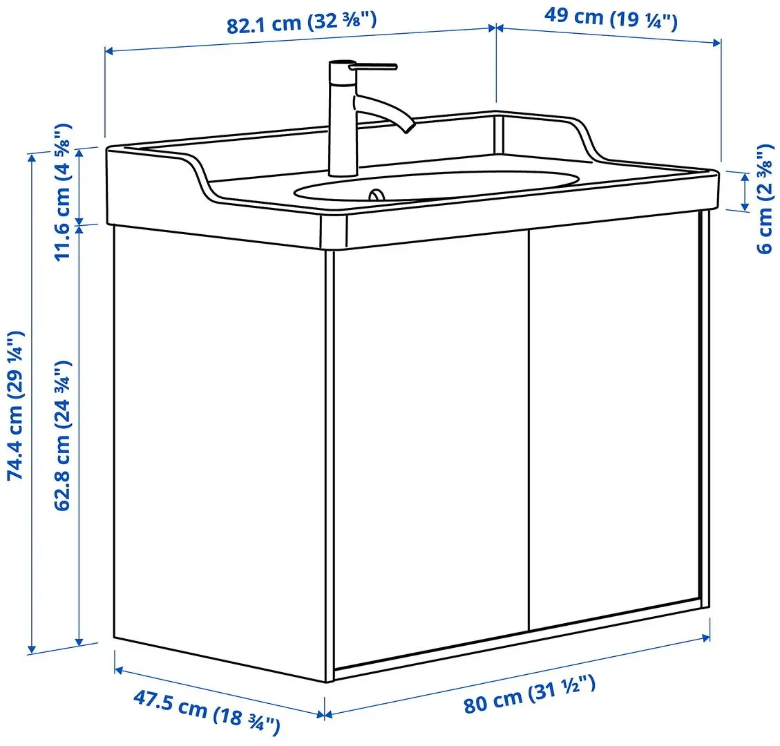 Набор тумбы с раковиной Ikea Tannforsen/Rutsjon с дверцами 82x49x74 (Белый) - 9