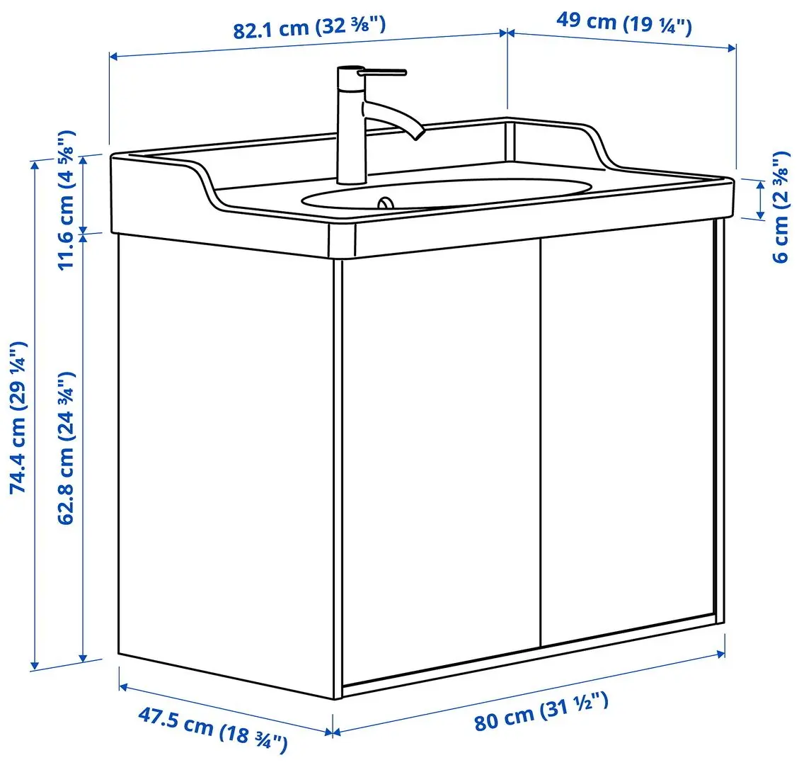 Набор тумбы с раковиной Ikea Tannforsen/Rutsjon с дверцами 82x49x74 (Серый) - 9