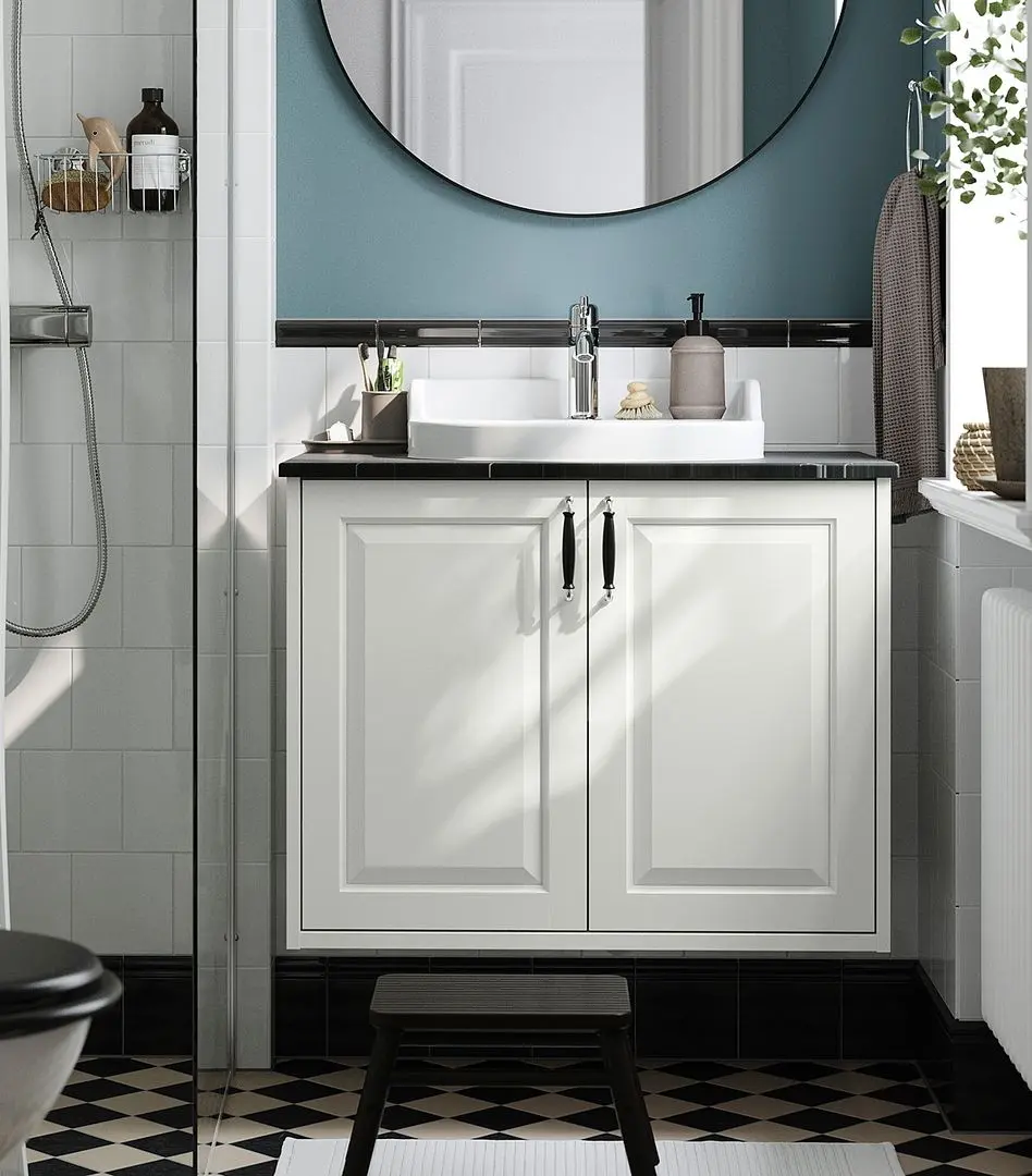 Набор тумбы с раковиной Ikea Tannforsen/Rutsjon с дверцами 82x49x76 (Белый/Имитация Черного Мрамора)