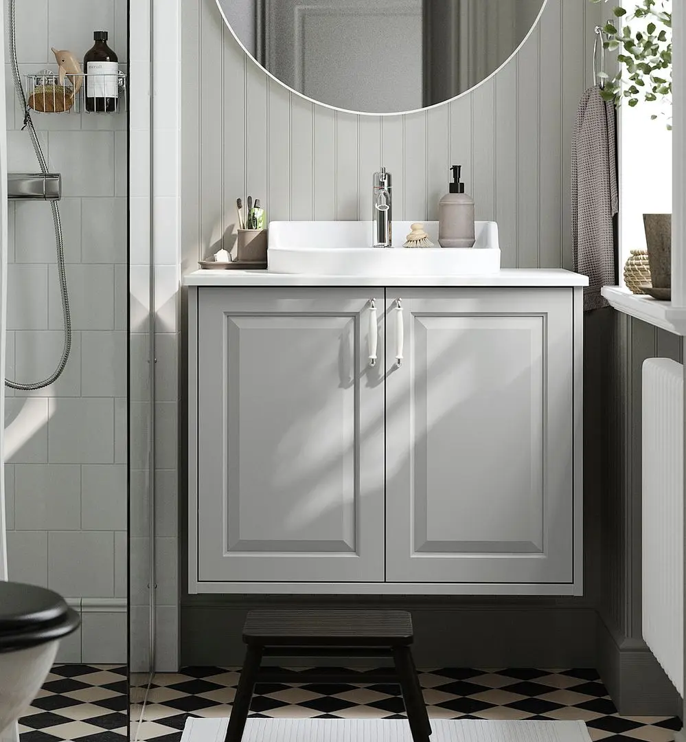 Набор тумбы с раковиной Ikea Tannforsen/Rutsjon с дверцами 82x49x76 (Серый/Имитация Белого Мрамора)