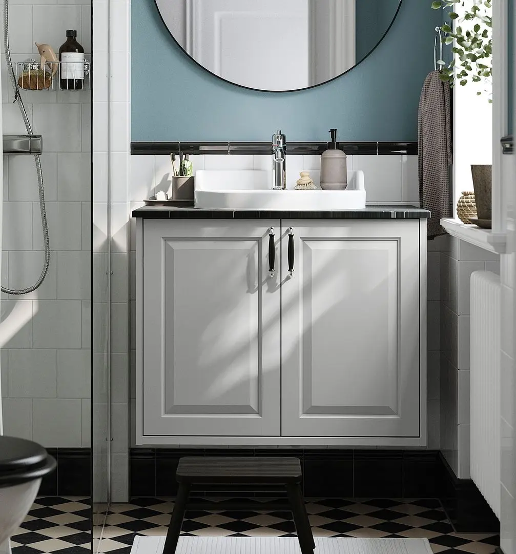 Набор тумбы с раковиной Ikea Tannforsen/Rutsjon с дверцами 82x49x76 (Серый/Имитация Черного Мрамора)