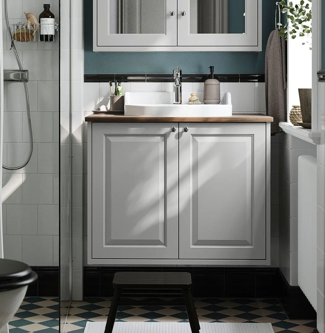 Набор тумбы с раковиной Ikea Tannforsen/Rutsjon с дверцами 82x49x76 (Серый/Имитация Ореха)