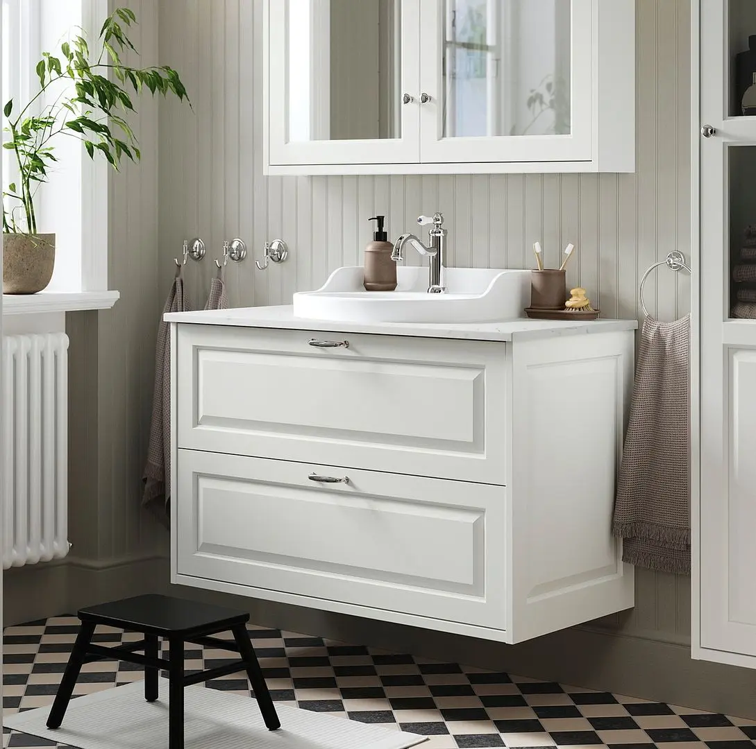 Набор тумбы с раковиной Ikea Tannforsen/Rutsjon с ящиками 102x49x76 (Белый/Имитация Белого Мрамора)
