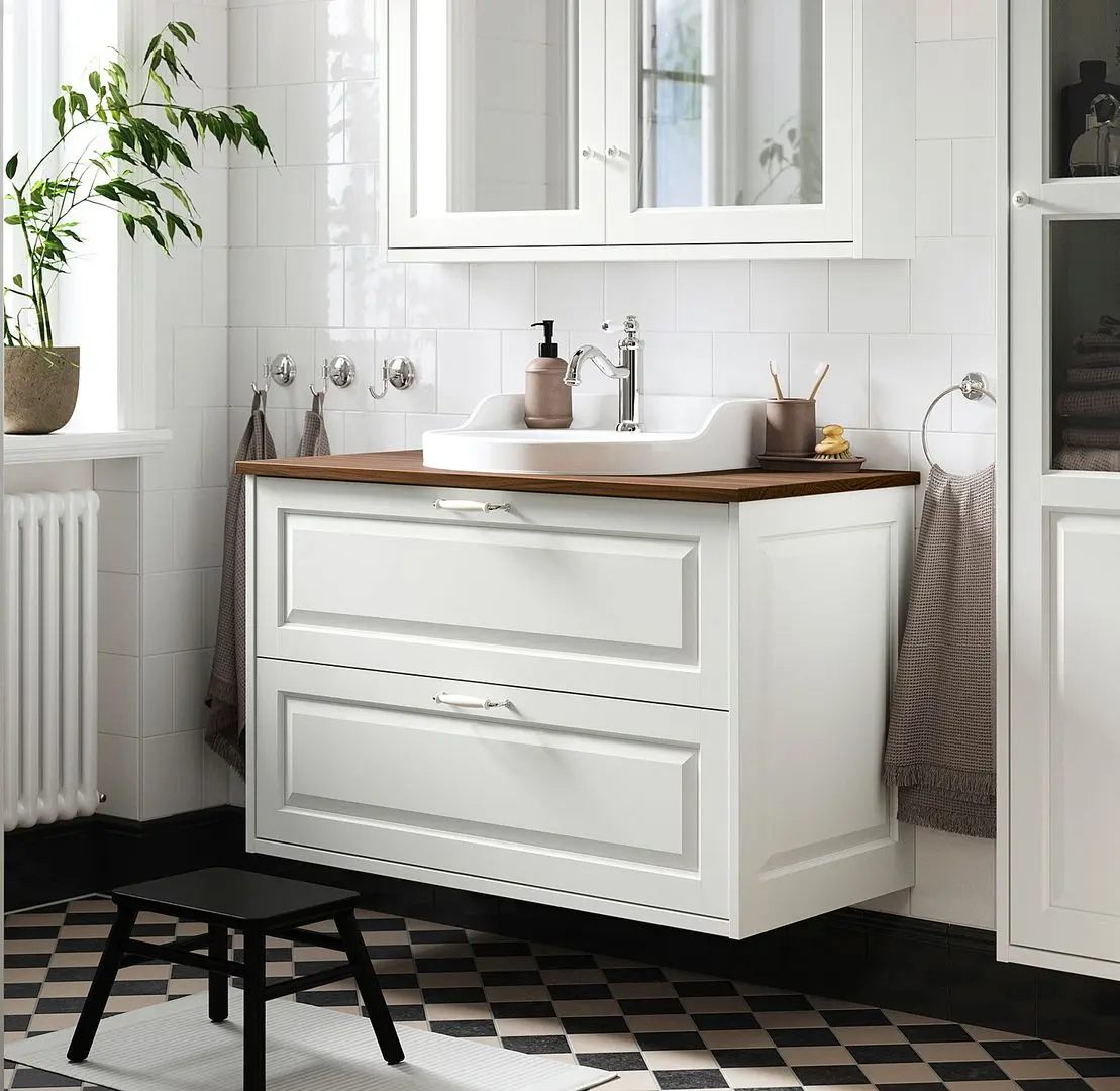 Набор тумбы с раковиной Ikea Tannforsen/Rutsjon с ящиками 102x49x76 (Белый/Имитация Ореха)