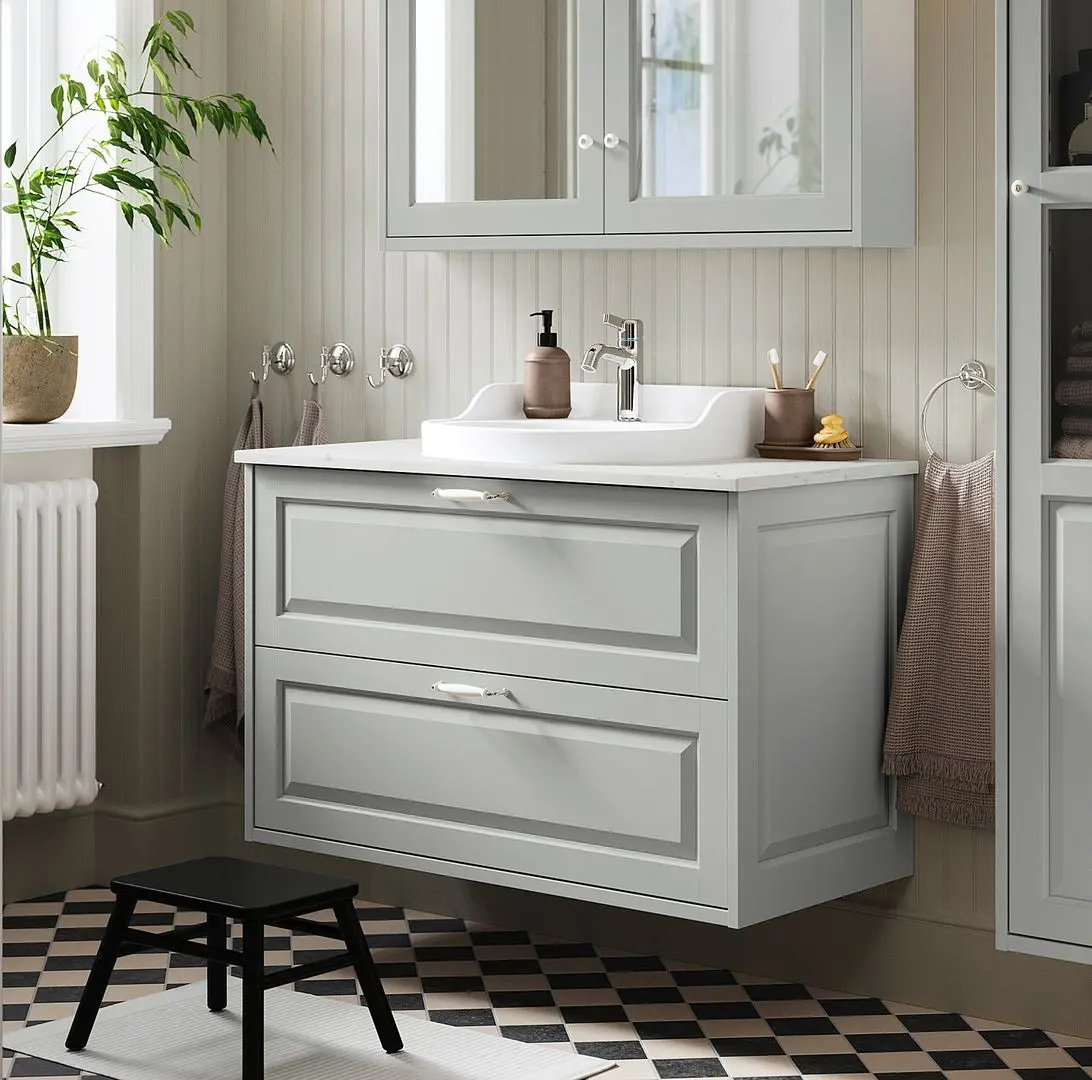 Набор тумбы с раковиной Ikea Tannforsen/Rutsjon с ящиками 102x49x76 (Серый/Имитация Белого Мрамора)