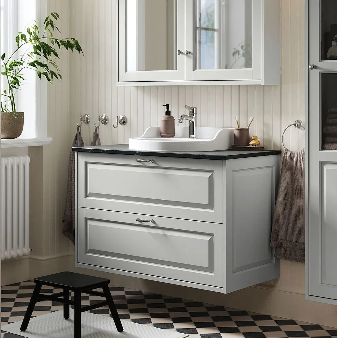 Набор тумбы с раковиной Ikea Tannforsen/Rutsjon с ящиками 102x49x76 (Серый/Имитация Черного Мрамора)