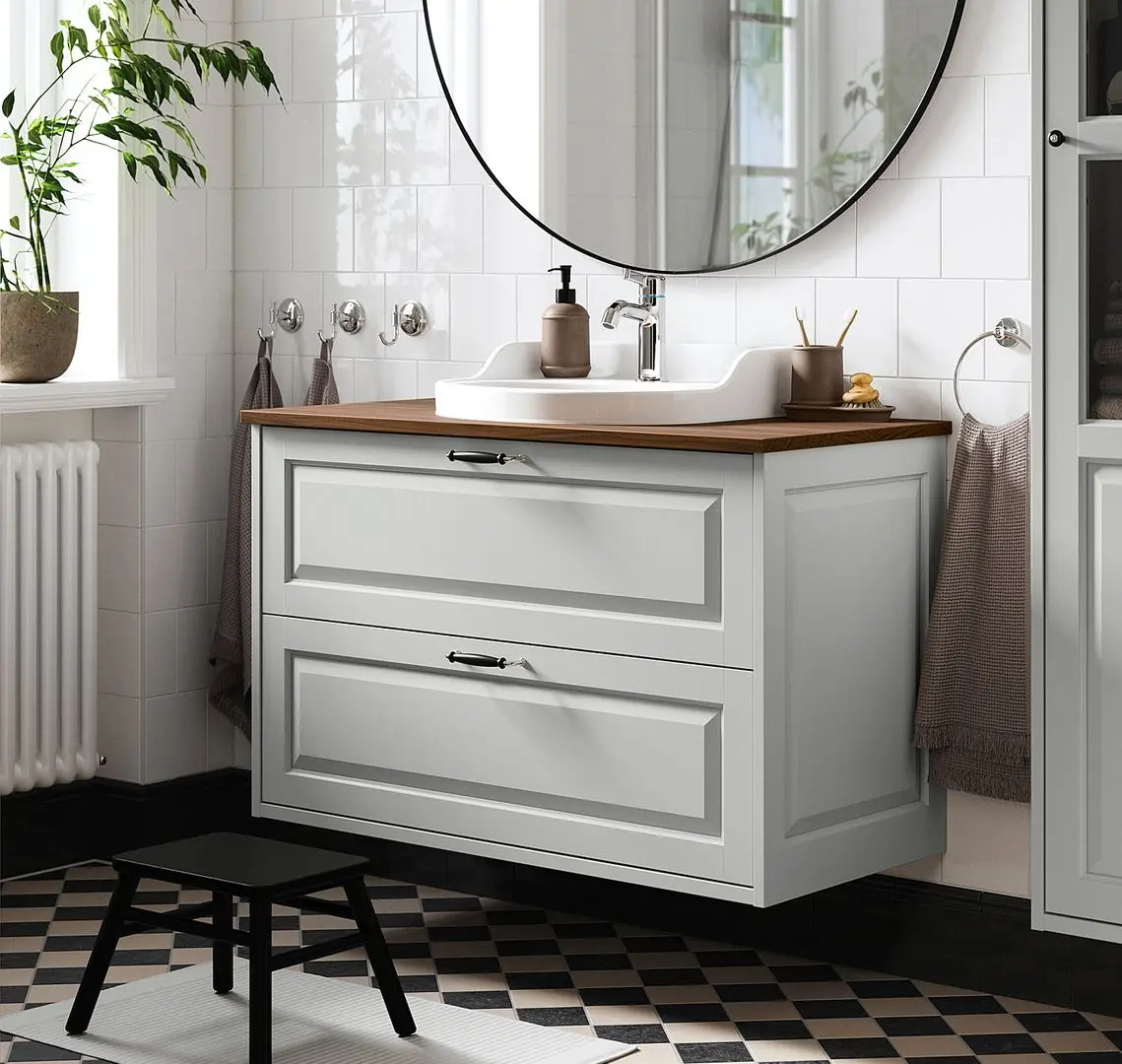 Набор тумбы с раковиной Ikea Tannforsen/Rutsjon с ящиками 102x49x76 (Серый/Имитация Ореха)