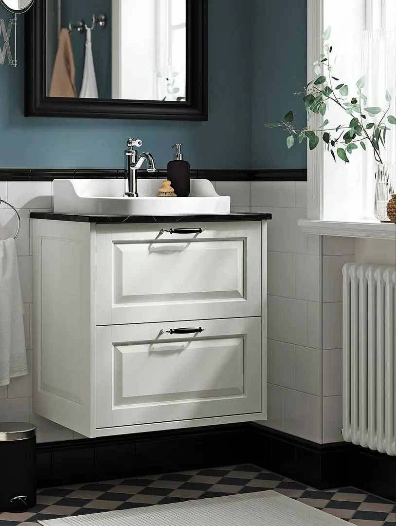 Набор тумбы с раковиной Ikea Tannforsen/Rutsjon с ящиками 62x49x76 (Белый/Имитация Черного Мрамора)